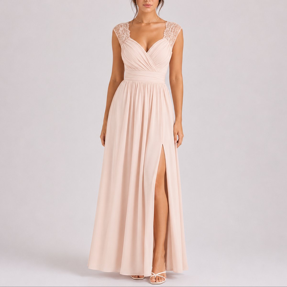 A-Line Maxi Dress with Lace Straps and Thigh Slit