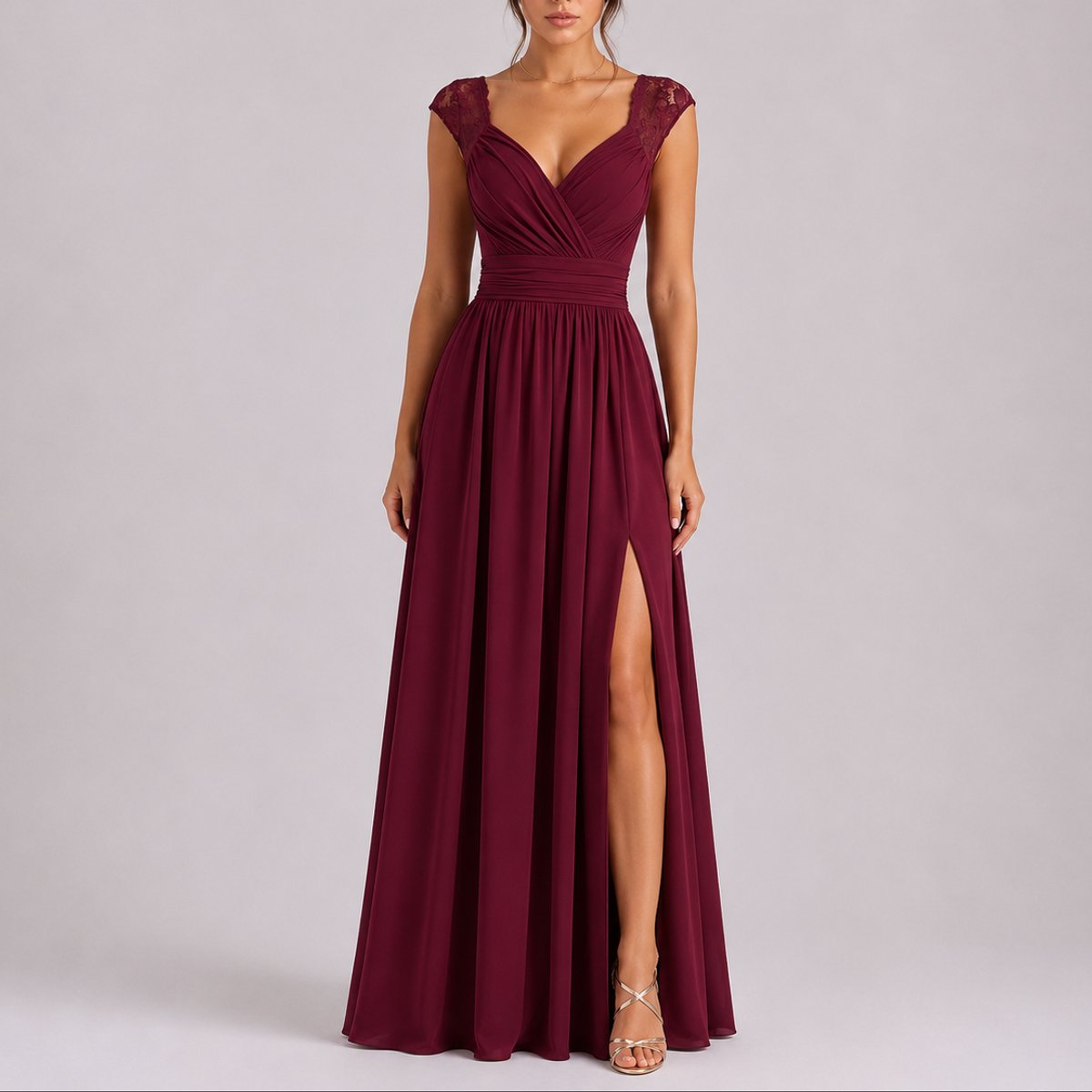 A-Line Maxi Dress with Lace Straps and Thigh Slit