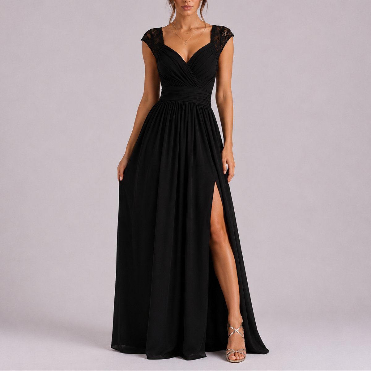 A-Line Maxi Dress with Lace Straps and Thigh Slit