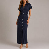 Ruched Button-Front Maxi Shirt Dress