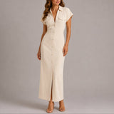 Ruched Button-Front Maxi Shirt Dress