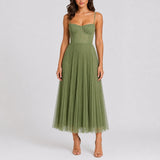 Green Corset Tulle Midi Dress with Pleated Skirt