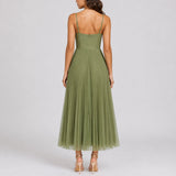 Green Corset Tulle Midi Dress with Pleated Skirt
