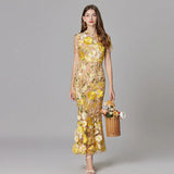 Floral Embroidered Maxi Dress with Sheer Sleeves