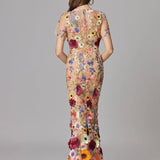Floral Embroidered Maxi Dress with Sheer Sleeves