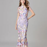 Floral Embroidered Maxi Dress with Sheer Sleeves