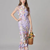 Floral Embroidered Maxi Dress with Sheer Sleeves