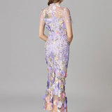 Floral Embroidered Maxi Dress with Sheer Sleeves