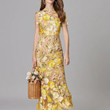 Floral Embroidered Maxi Dress with Sheer Sleeves
