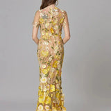 Floral Embroidered Maxi Dress with Sheer Sleeves