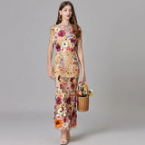 Floral Embroidered Maxi Dress with Sheer Sleeves