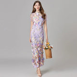 Floral Embroidered Maxi Dress with Sheer Sleeves