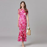 Floral Embroidered Maxi Dress with Sheer Sleeves