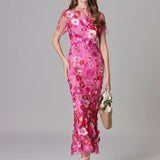 Floral Embroidered Maxi Dress with Sheer Sleeves