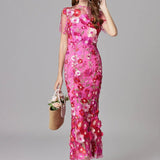 Floral Embroidered Maxi Dress with Sheer Sleeves