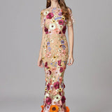 Floral Embroidered Maxi Dress with Sheer Sleeves