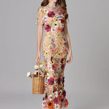 Floral Embroidered Maxi Dress with Sheer Sleeves