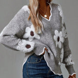 Long Sleeve V-Neck Floral Knit Sweater