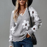 Long Sleeve V-Neck Floral Knit Sweater