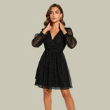 Glitter V-Neck Mini Dress with Sheer Puff Sleeves