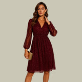 Glitter V-Neck Mini Dress with Sheer Puff Sleeves