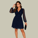 Glitter V-Neck Mini Dress with Sheer Puff Sleeves