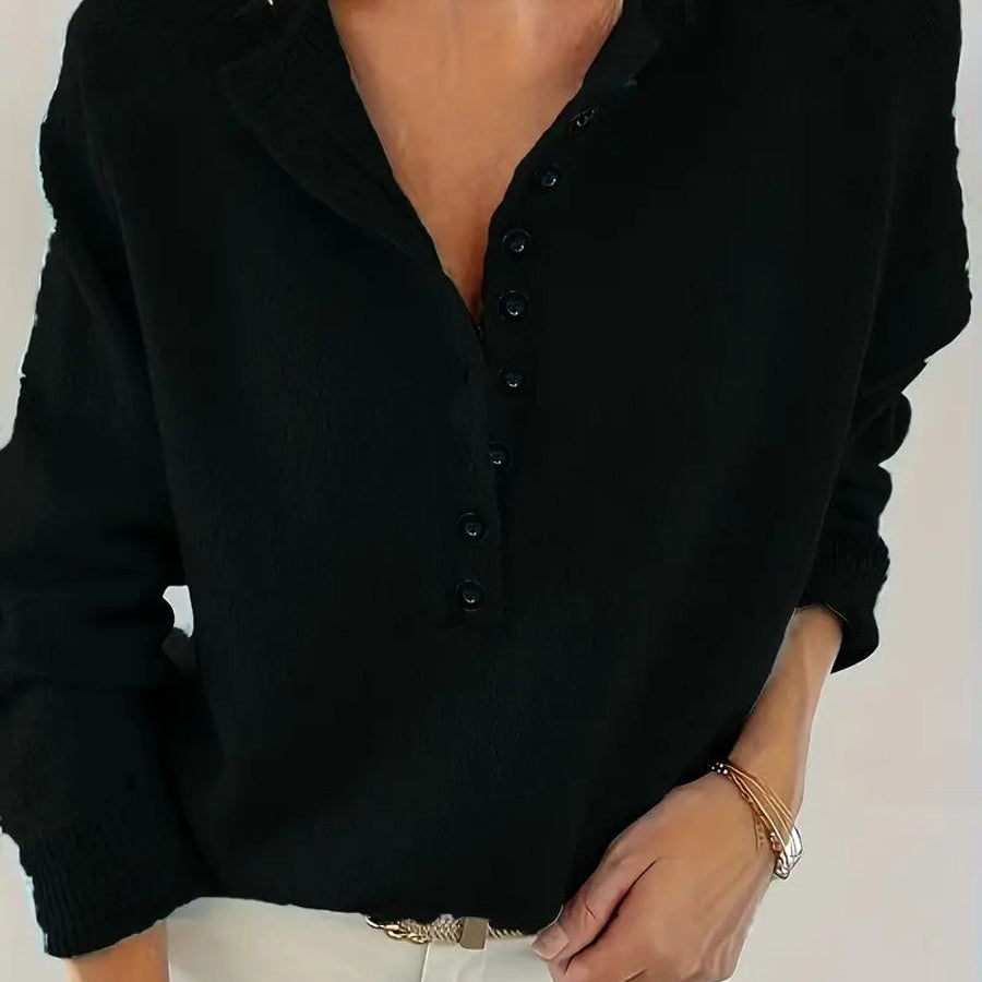 Half-Button Knit Sweater with V-Neck