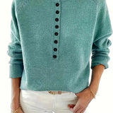 Half-Button Knit Sweater with V-Neck