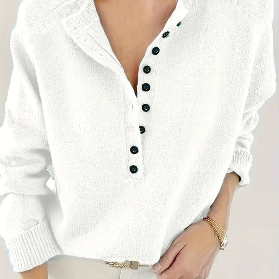 Half-Button Knit Sweater with V-Neck