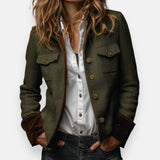 Tailored Button-Front Blazer with Flap Pockets and Stand Collar