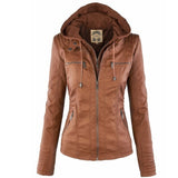Hooded Faux Leather Jacket with Zip-Front Closure