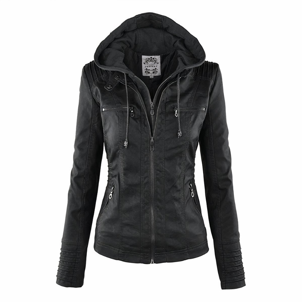 Hooded Faux Leather Jacket with Zip-Front Closure