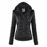 Hooded Faux Leather Jacket with Zip-Front Closure