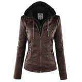 Hooded Faux Leather Jacket with Zip-Front Closure
