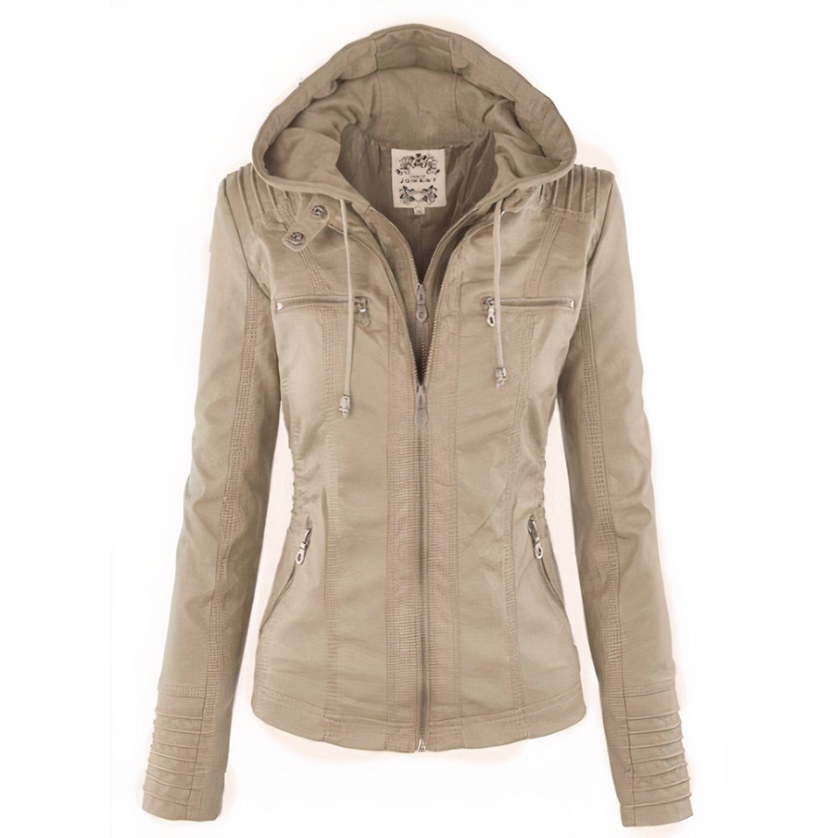 Hooded Faux Leather Jacket with Zip-Front Closure