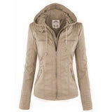 Hooded Faux Leather Jacket with Zip-Front Closure