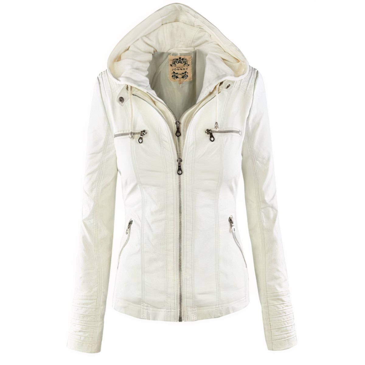Hooded Faux Leather Jacket with Zip-Front Closure