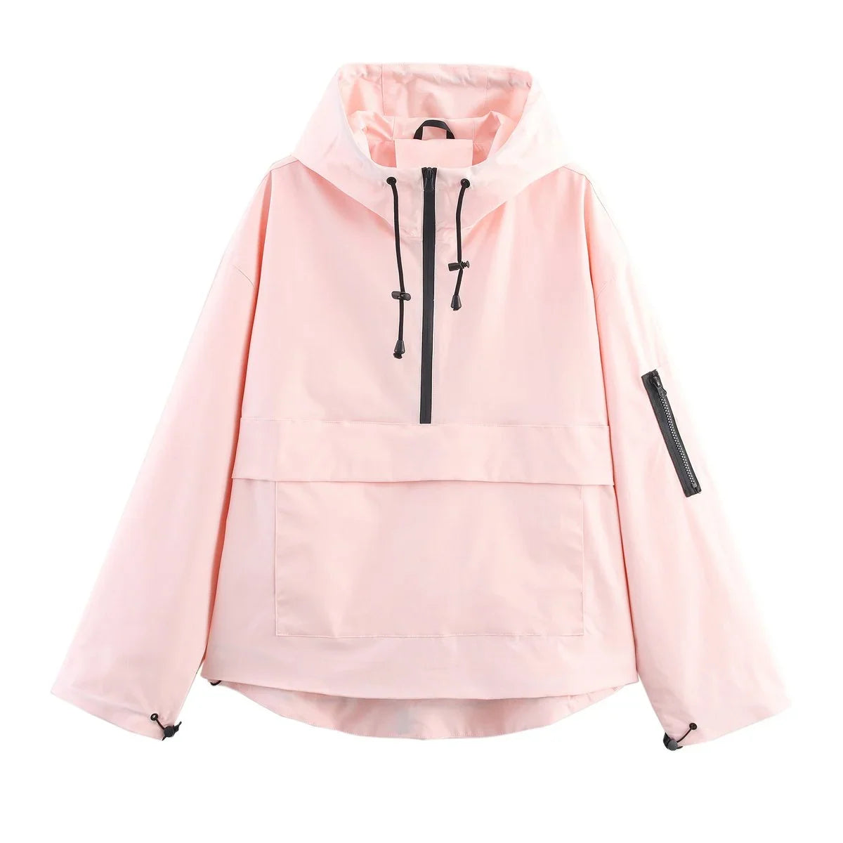 Women's Hooded Pullover Jacket with Half Zip and Front Flap Pocket