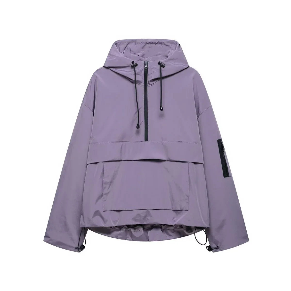 Women's Hooded Pullover Jacket with Half Zip and Front Flap Pocket