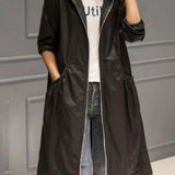 Women's Long Coat with Hooded Neckline and Full Zip Front