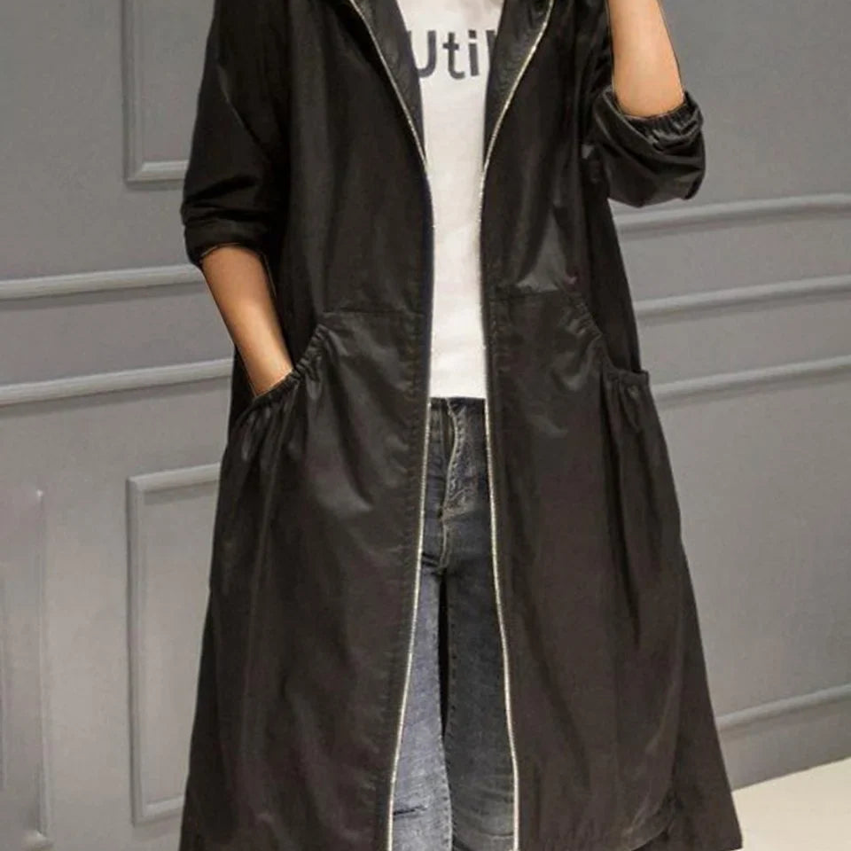 Women's Long Coat with Hooded Neckline and Full Zip Front