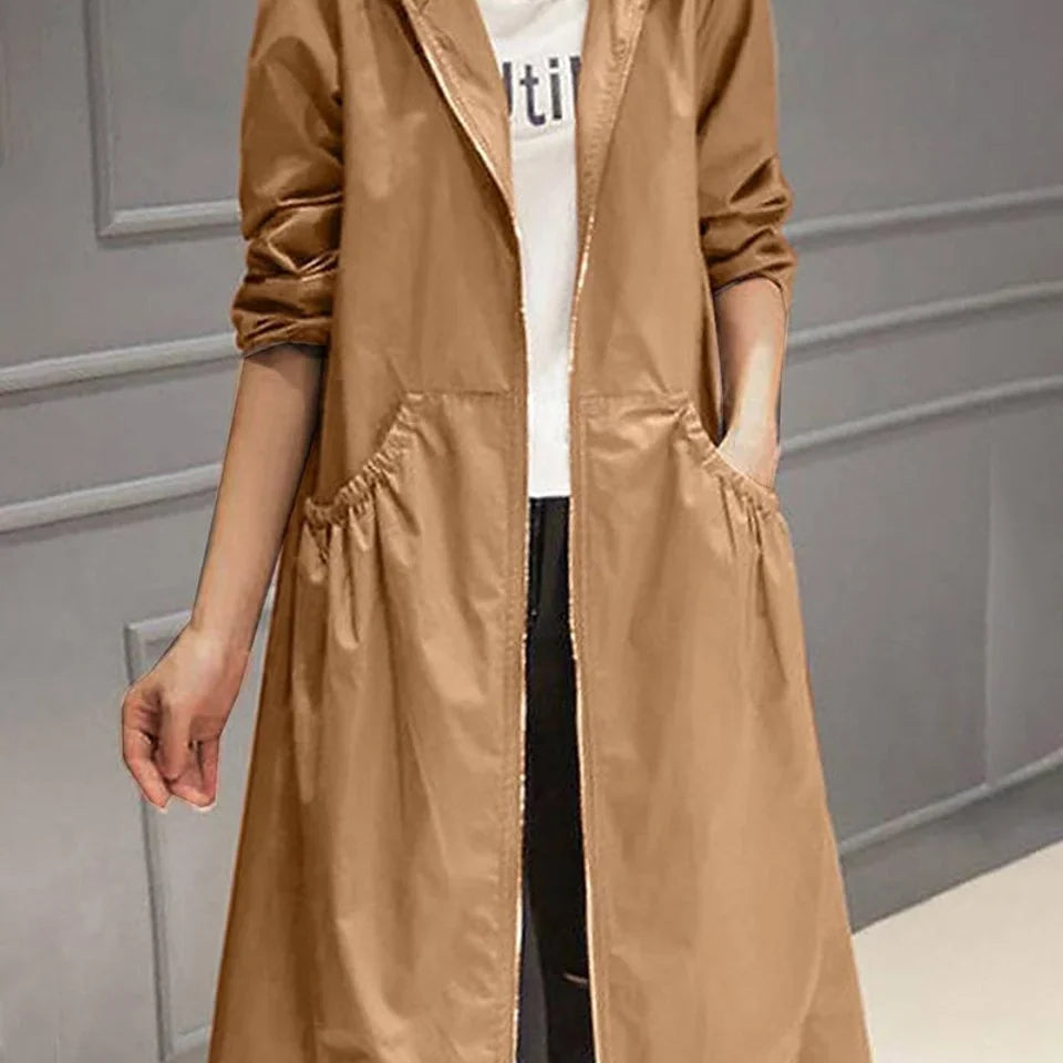 Women's Long Coat with Hooded Neckline and Full Zip Front