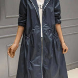 Women's Long Coat with Hooded Neckline and Full Zip Front