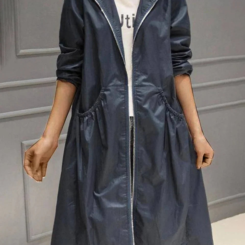Women's Long Coat with Hooded Neckline and Full Zip Front