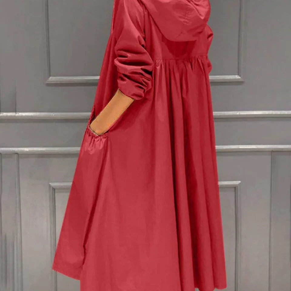 Women's Long Coat with Hooded Neckline and Full Zip Front