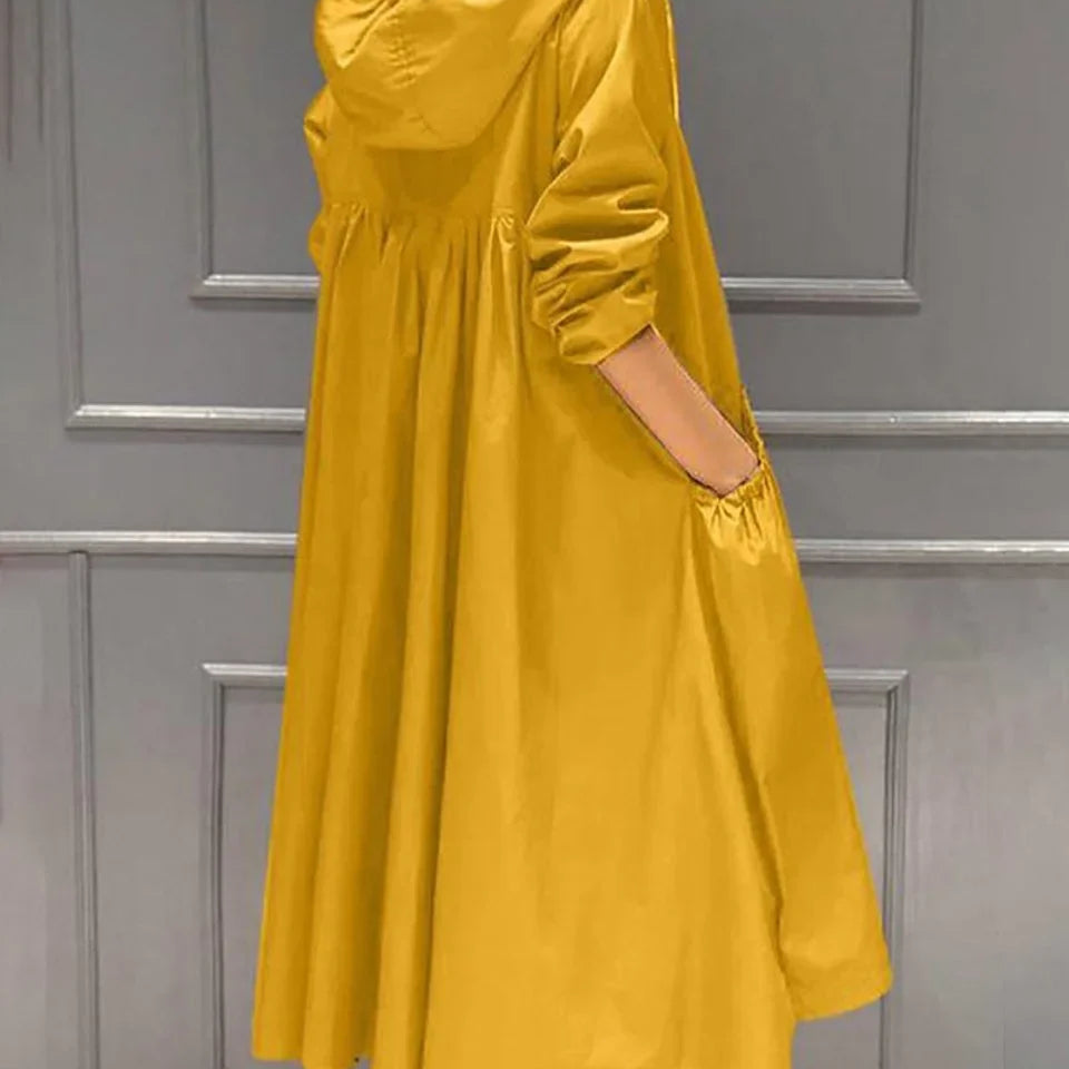 Women's Long Coat with Hooded Neckline and Full Zip Front