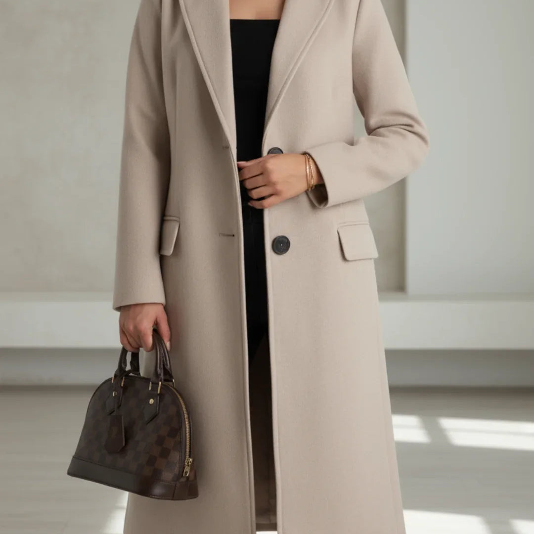 Women's Long Coat with Notched Lapel and Button Front for Office Wear