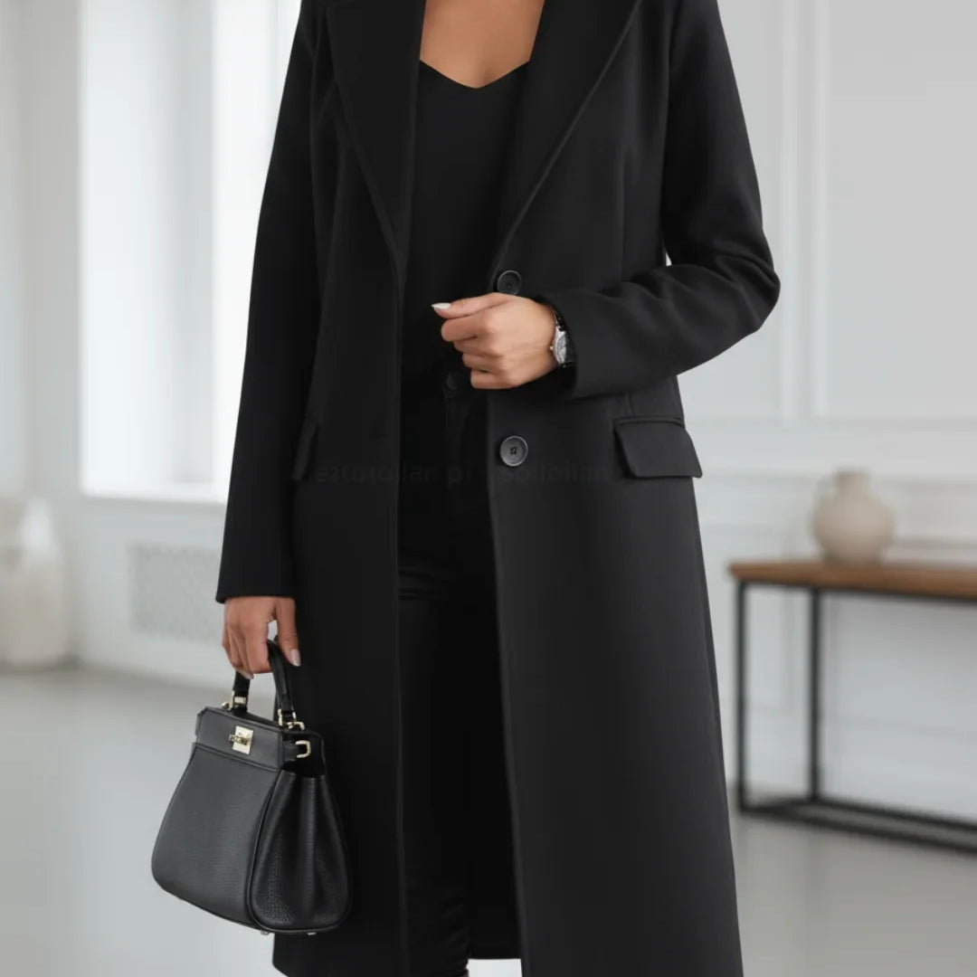 Women's Long Coat with Notched Lapel and Button Front for Office Wear