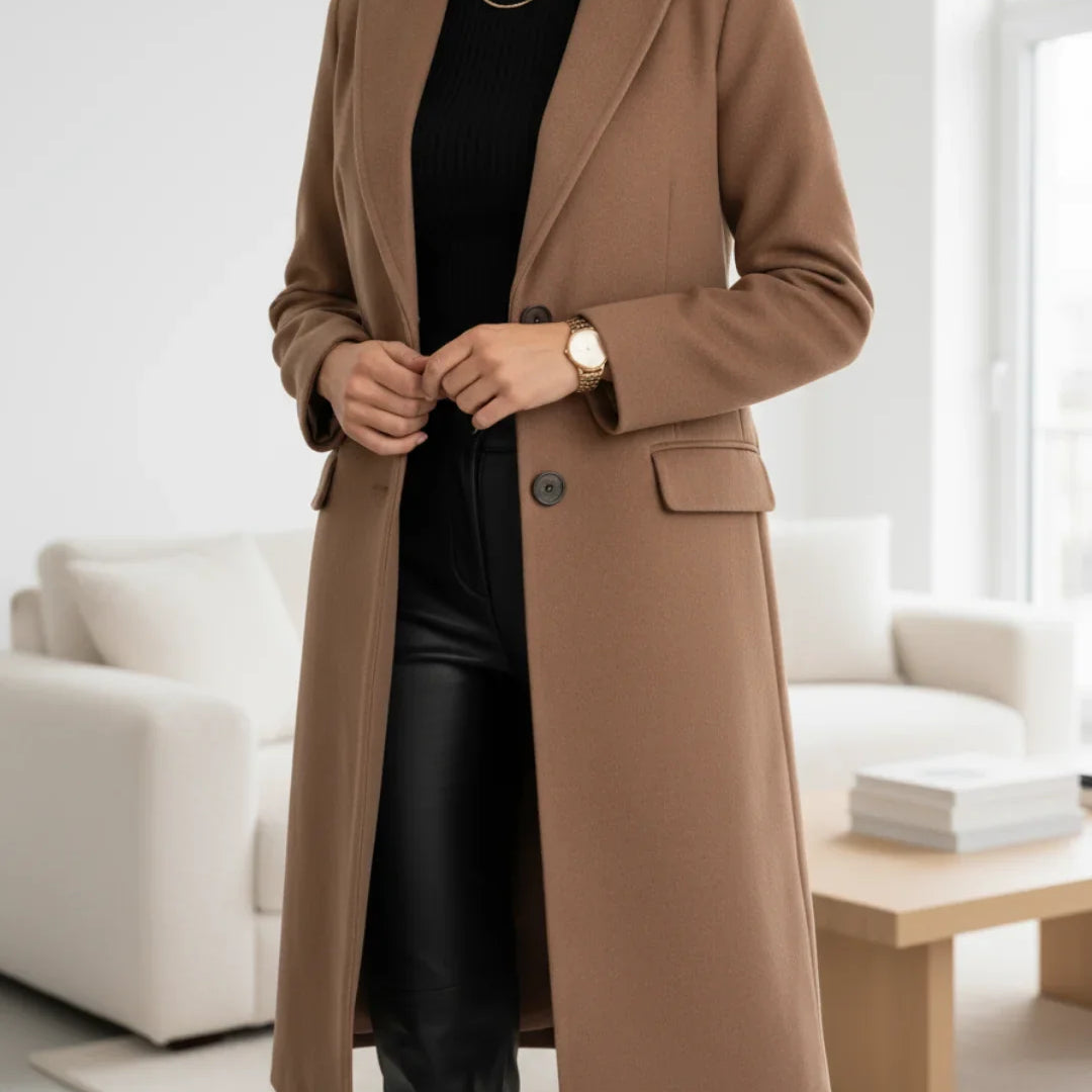 Women's Long Coat with Notched Lapel and Button Front for Office Wear