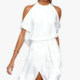 Halter Midi Dress with Cape Sleeve and Wrap Skirt